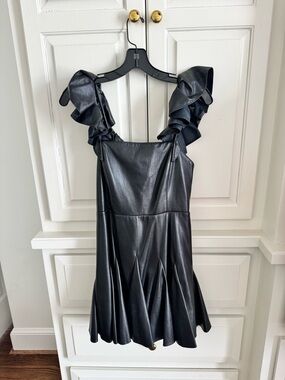 Alice + Olivia Black Faux Leather Ruffle-Strap Mini Dress